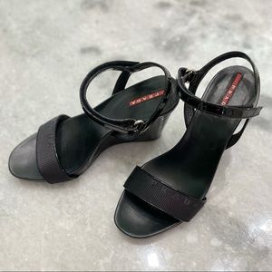 Prada sport black patent leather wedge heel sandal
